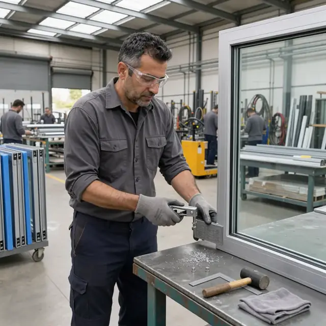 a worker attaching a metal compliance label to the edge of a finished aluminum window frame in a brightly lit assembly area