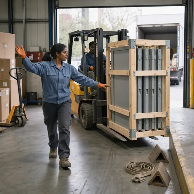 a worker guiding a forklift carrying a large wooden crate containing metal doors toward an open loading dock door
