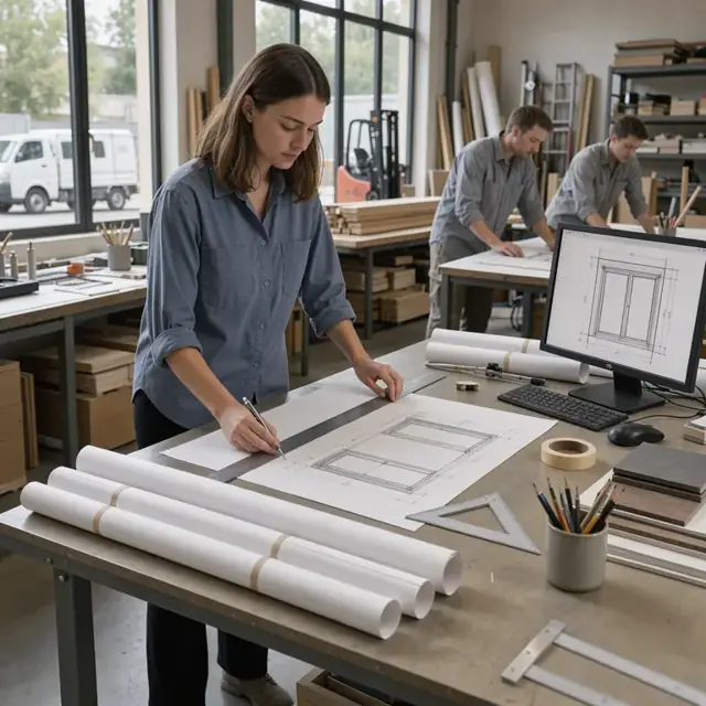 a drafting table covered with rolled architectural drawings next to a computer monitor displaying a detailed window elevation