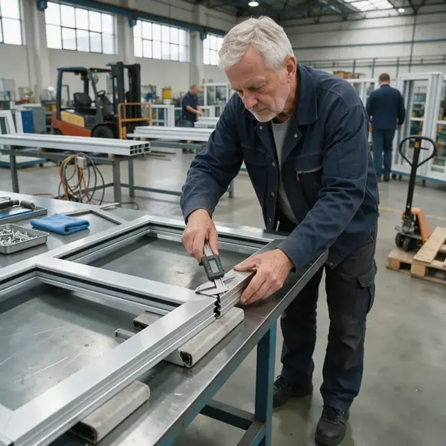 a worker using digital calipers to measure the corner alignment of a finished metal window frame on an inspection table
