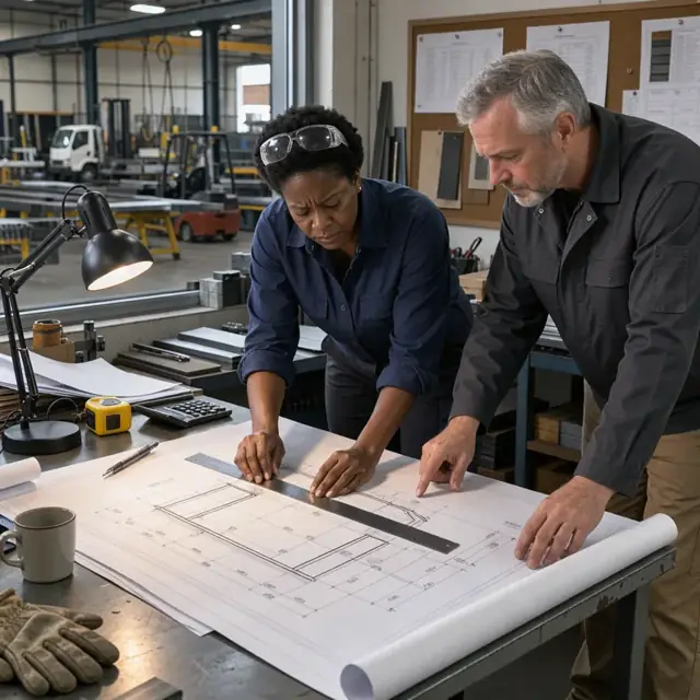 a metal fabrication shop office desk with large format printed shop drawings being reviewed under a task light