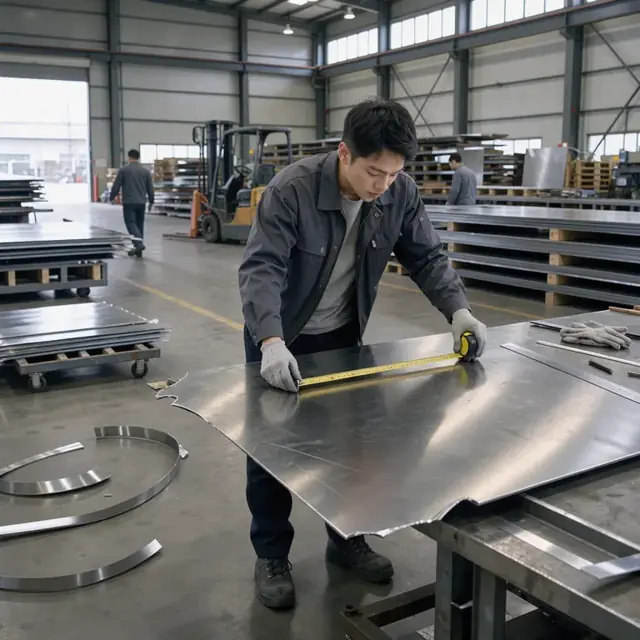 a worker measuring a large remnant sheet of stainless steel with a tape measure inside a sheet metal warehouse