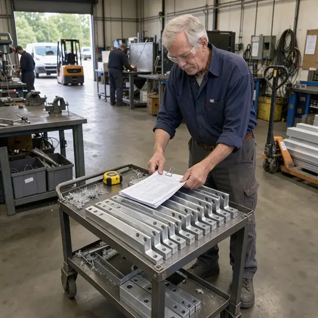 a worker attaching a multi-page shop traveler packet to a stack of freshly cut aluminum brackets on a shop cart
