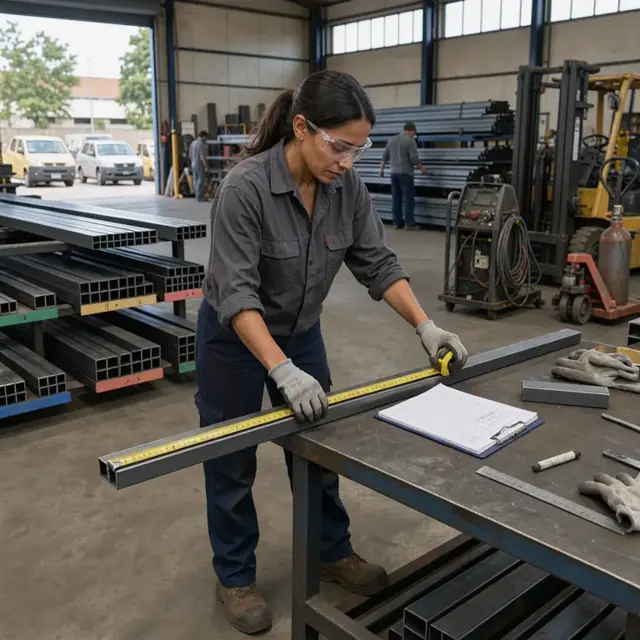 a worker in a metal shop measuring lengths of square steel tubing against an open inventory sheet in front of organized material racks