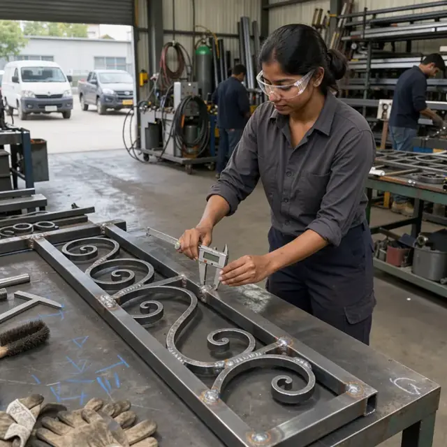 a worker using a digital caliper to measure a welded ornamental steel railing section on a shop inspection table