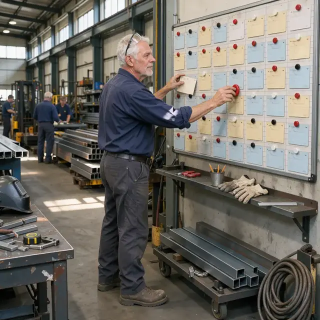 a fabricator standing at a large wall-mounted shop schedule board with magnets and job cards in a steel fabrication shop