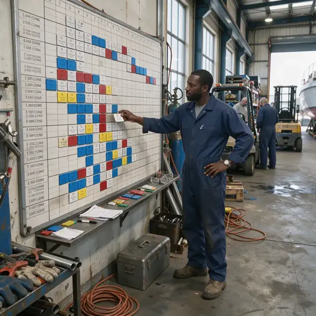 a worker standing in front of a large wall-mounted shop schedule board with magnetic cards showing vessel progress