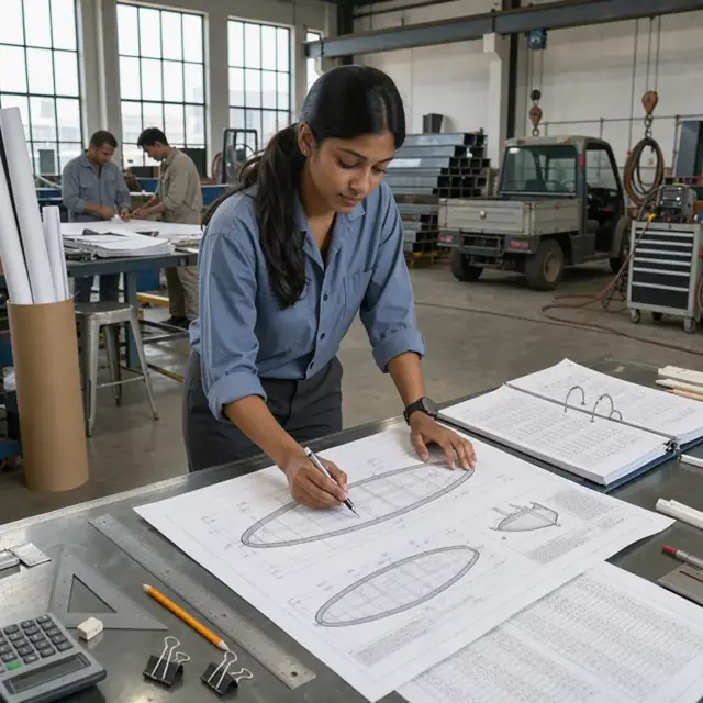 a worker at a large drafting table reviewing vessel drawings and specifications next to an open binder of material price sheets