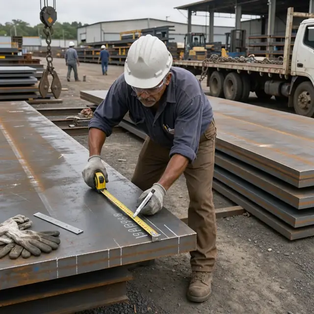 a worker in a steel yard measuring and marking heat numbers on large steel plates beside a flatbed truck