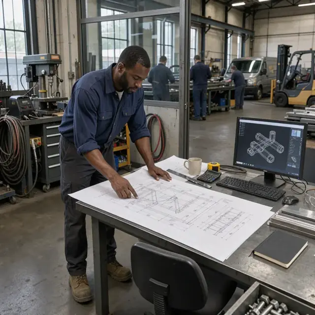 a worker reviewing large technical drawings spread across a metal shop office table next to a computer monitor
