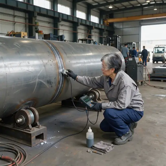 a quality inspector using an ultrasonic probe on a circumferential weld of a large horizontal steel tank inside a fabrication shop