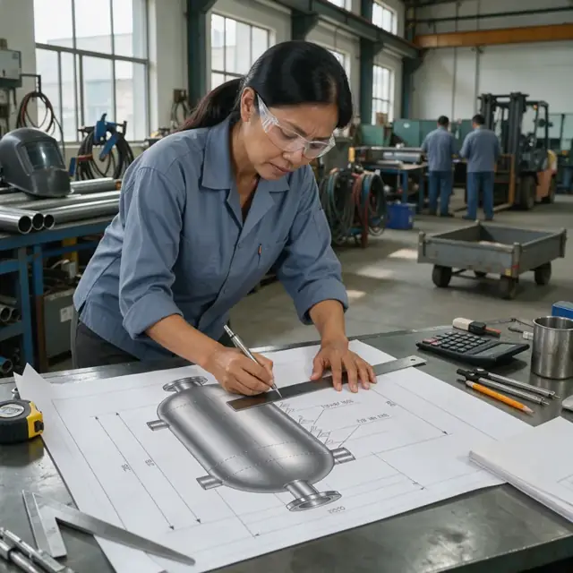 a drafter marking dimensions and weld symbols on a large blueprint of a vertical pressure vessel at a workbench