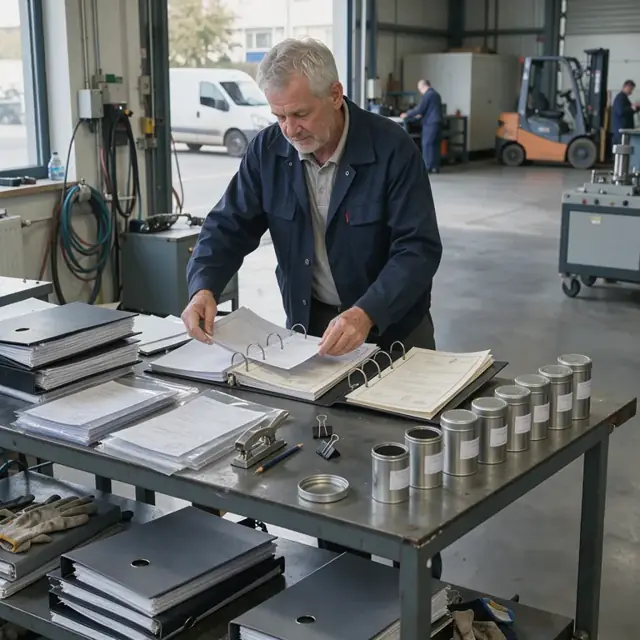 a worker organizing stacks of printed test reports and certificates in binders on a desk next to a row of metal can samples