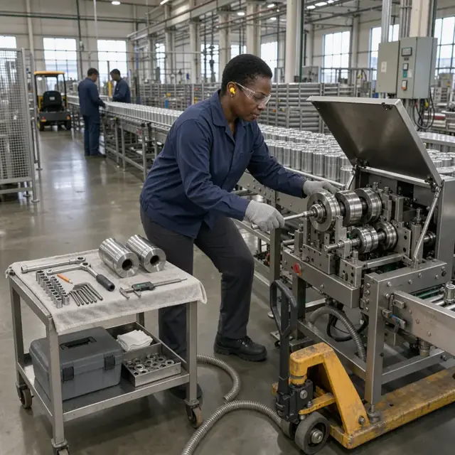 a worker changing seaming rolls on a high-speed can manufacturing line with tools laid out on a cart