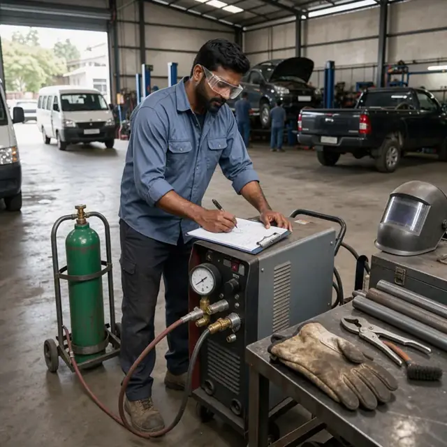 a worker checking the pressure gauge on a welding machine while filling out a maintenance log sheet on a clipboard