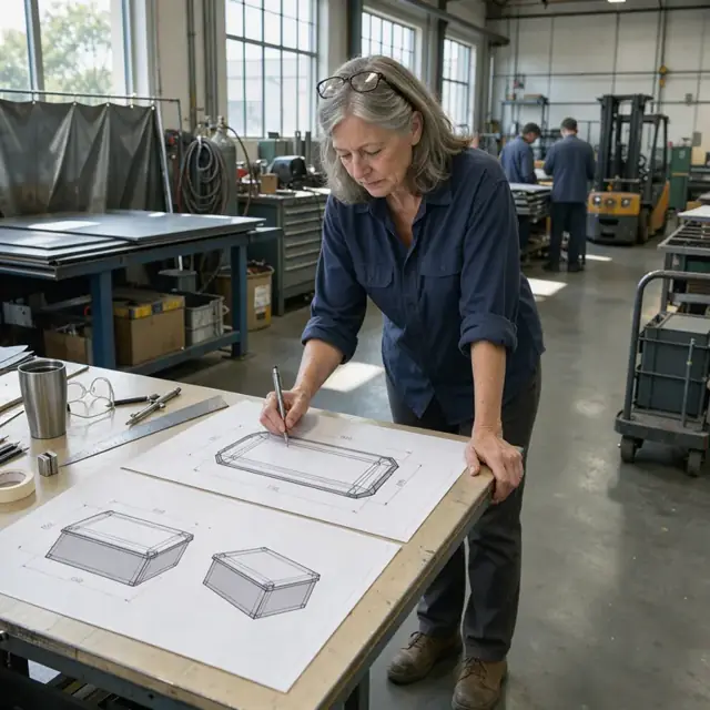 a drafting table in a fabrication shop with large printed drawings of a metal container and a scale ruler beside drafting tools
