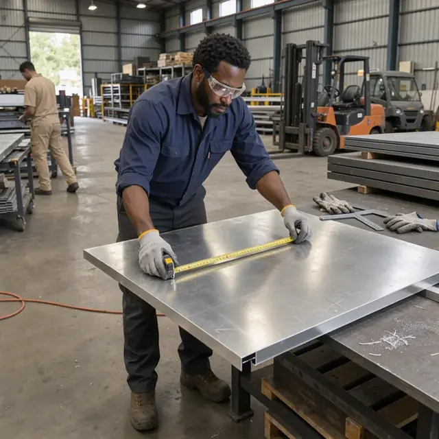 a worker measuring a large aluminum sheet with a tape measure next to stacked steel plates in a metal warehouse