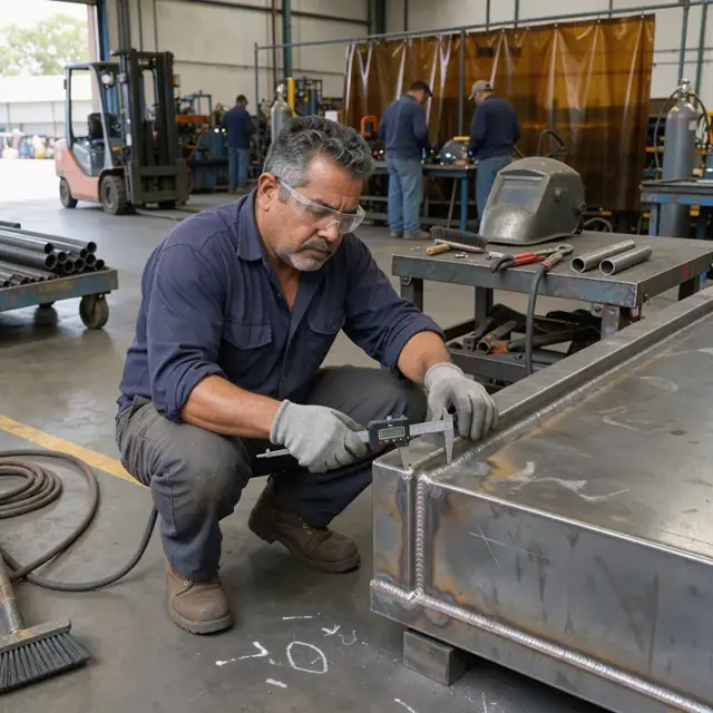 a fabricator using a digital caliper to measure the seam of a welded steel container on a shop floor with welding curtains in the background