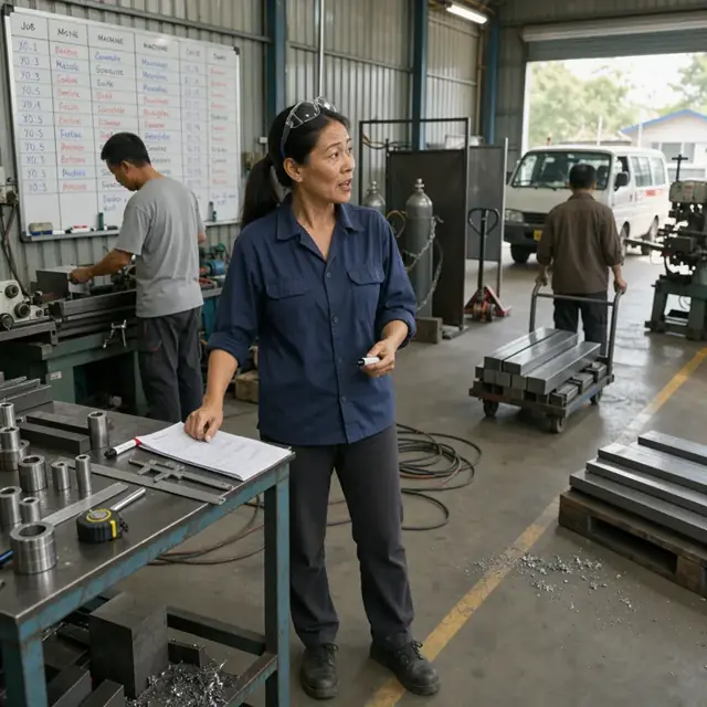 a metal shop wall with a large whiteboard showing job numbers, machine assignments and due dates written in dry erase marker