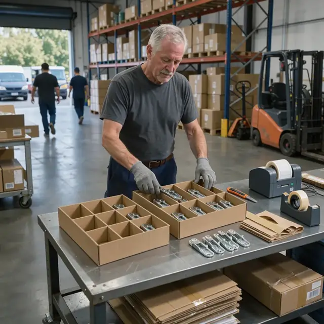 a worker placing finished metal latches into partitioned cardboard boxes at a packing station with label printer and tape dispenser