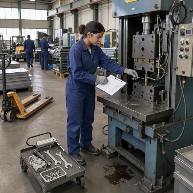 a worker in coveralls performing preventive maintenance on a stamping press while referencing a checklist on a clipboard