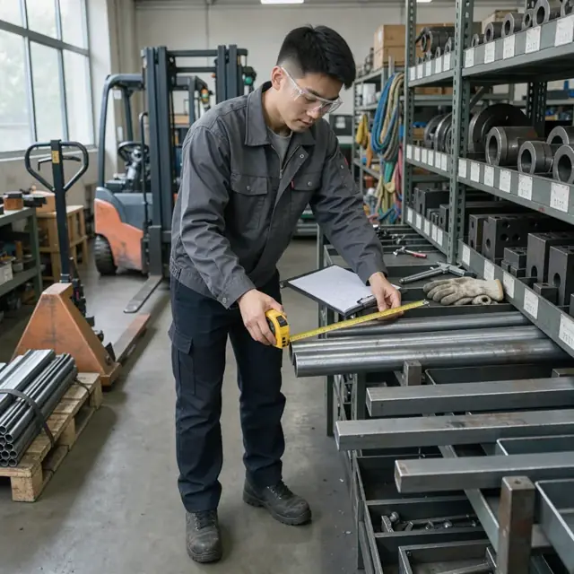a worker in a stockroom measuring the remaining length of steel bar stock against an inventory sheet beside labeled die racks