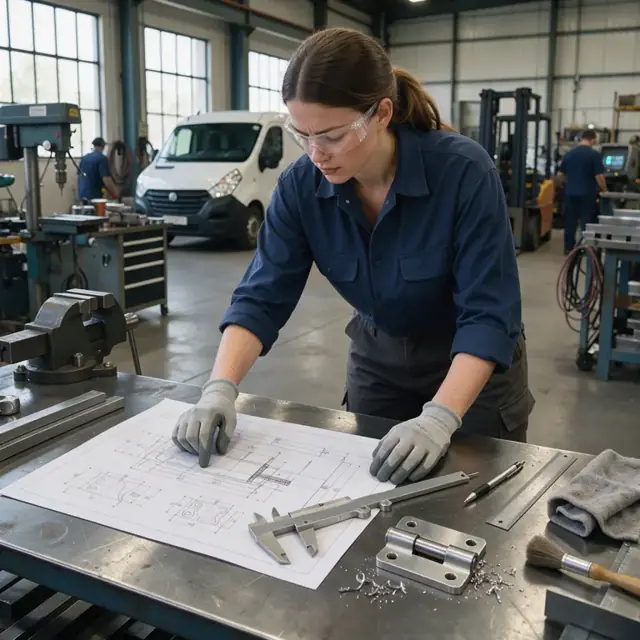 a worker at a metal workbench examining detailed technical drawings next to a caliper and a newly machined hinge prototype