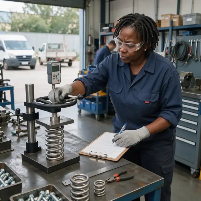 a worker using a digital force gauge to compress a metal spring on a test stand while noting readings on a clipboard