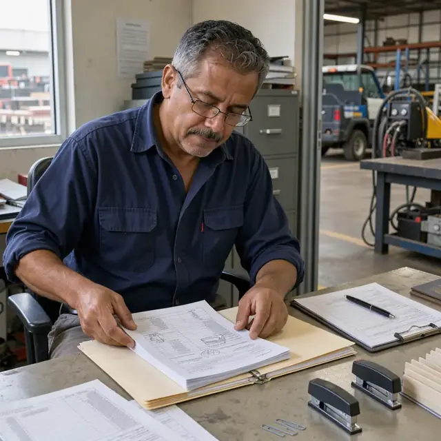 a worker at a desk compiling material test reports and certification documents into a job folder next to a clipboard of welder qualification records