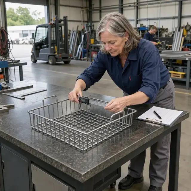 a technician using digital calipers to measure a finished wire basket on a granite surface plate with inspection paperwork beside it