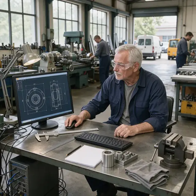 a machinist at a desk examining a technical drawing on a large monitor next to a caliper