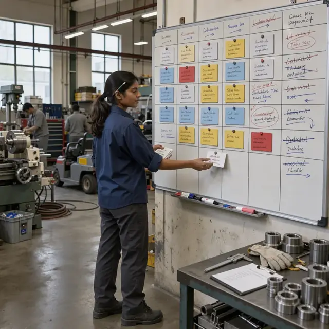 a machinist standing at a large whiteboard covered with handwritten machine schedules and magnetic job cards