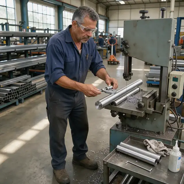 a machinist measuring the diameter of a stainless steel bar with a micrometer next to a bandsaw in a metal stockroom