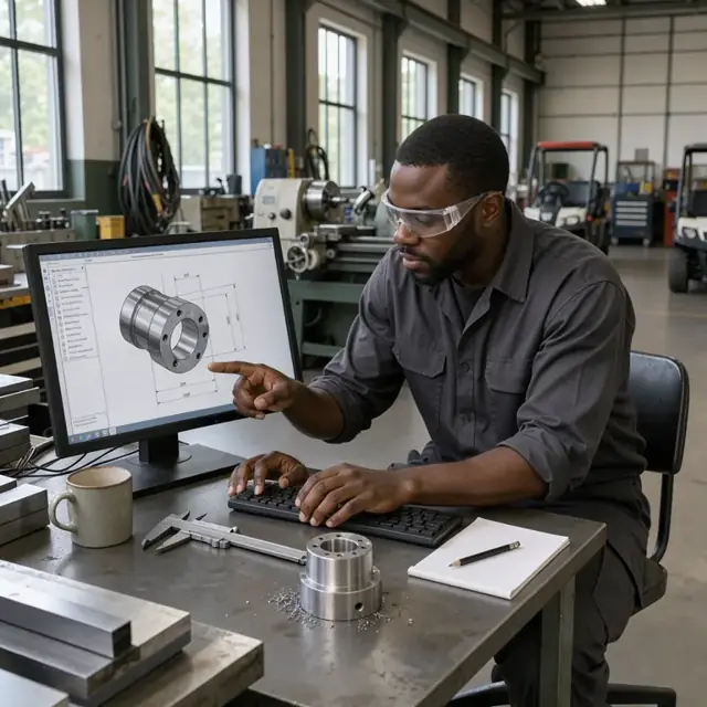 a machinist at a desk examining a technical drawing on a large monitor next to a caliper and a metal sample part