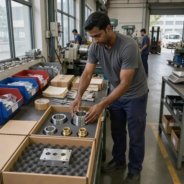 a machinist carefully placing precision metal components into foam-lined boxes on a packing table surrounded by labeled bins
