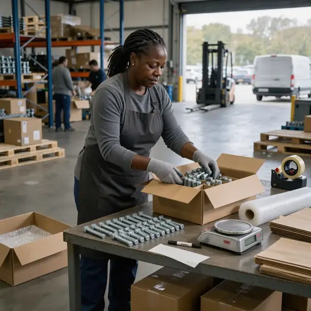 a worker packing finished bolts into shipping cartons at a bench with labels, bubble wrap and a scale