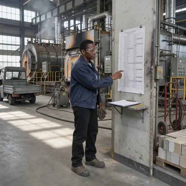 a worker standing in front of multiple large industrial furnaces reviewing a printed schedule posted on the wall