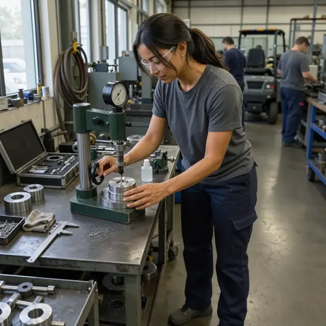 a worker using a Rockwell hardness tester on a machined metal part at a bench with test blocks and calipers nearby