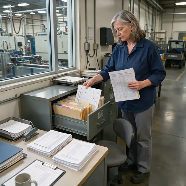 a worker organizing printed tank log sheets and environmental test reports into a filing cabinet inside a metal finishing facility office