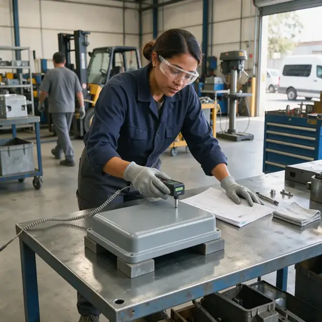 a worker wearing gloves and safety glasses measuring coating thickness on a finished metal part with a gauge while referencing a process traveler
