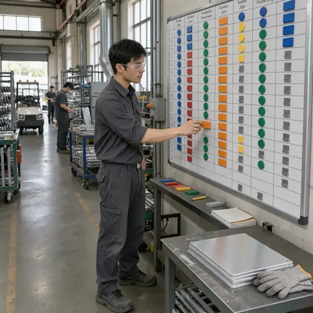 a worker reviewing a large wall schedule board with colored magnets representing different anodize and powder jobs in a metal finishing shop