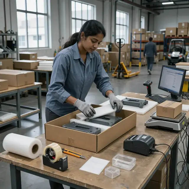 a worker carefully wrapping coated metal components in protective foam inside a shipping box on a packing table surrounded by labeling equipment