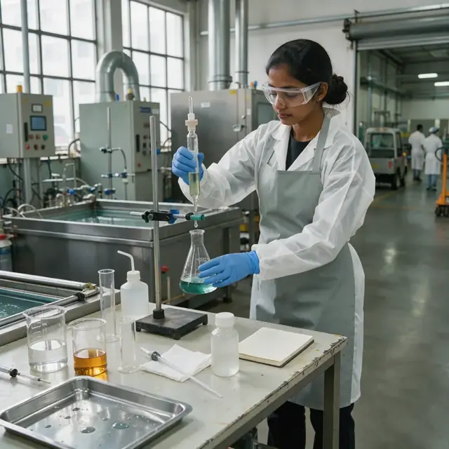 a worker in protective gear titrating a sample from a plating bath at a lab bench with beakers and graduated cylinders