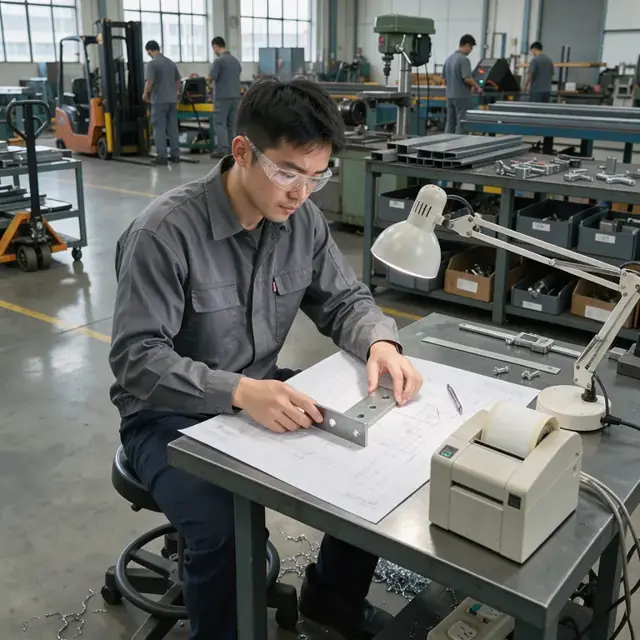 a worker at a metal shop desk examining technical drawings and a metal bracket under bright inspection lighting next to a barcode label printer