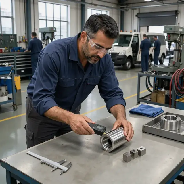 a worker using a handheld thickness gauge on a polished metal component placed on a clean inspection table with calipers nearby