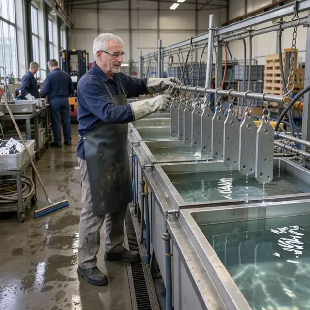 a worker loading metal parts onto an overhead rack above a row of large rectangular plating tanks filled with clear liquid