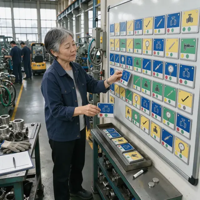 a scheduler standing at a large wall-mounted production board updating magnetic cards showing valve machining and testing steps