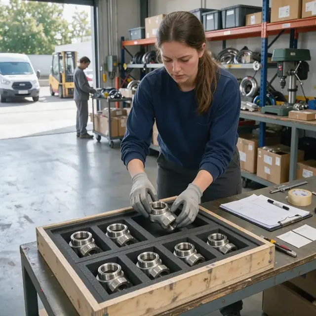 a worker packaging precision metal hose fittings into a foam-lined crate with a stack of test reports and labels on the bench