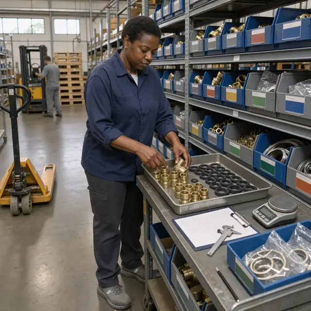 a worker counting brass fittings and O-rings inside labeled bins in an organized industrial stockroom