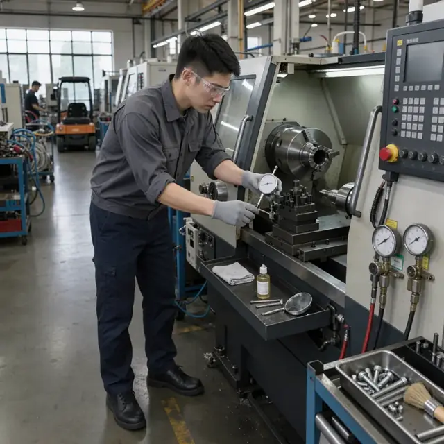 a worker performing preventive maintenance on a CNC lathe with calibration stickers visible on nearby gauges in a machine shop